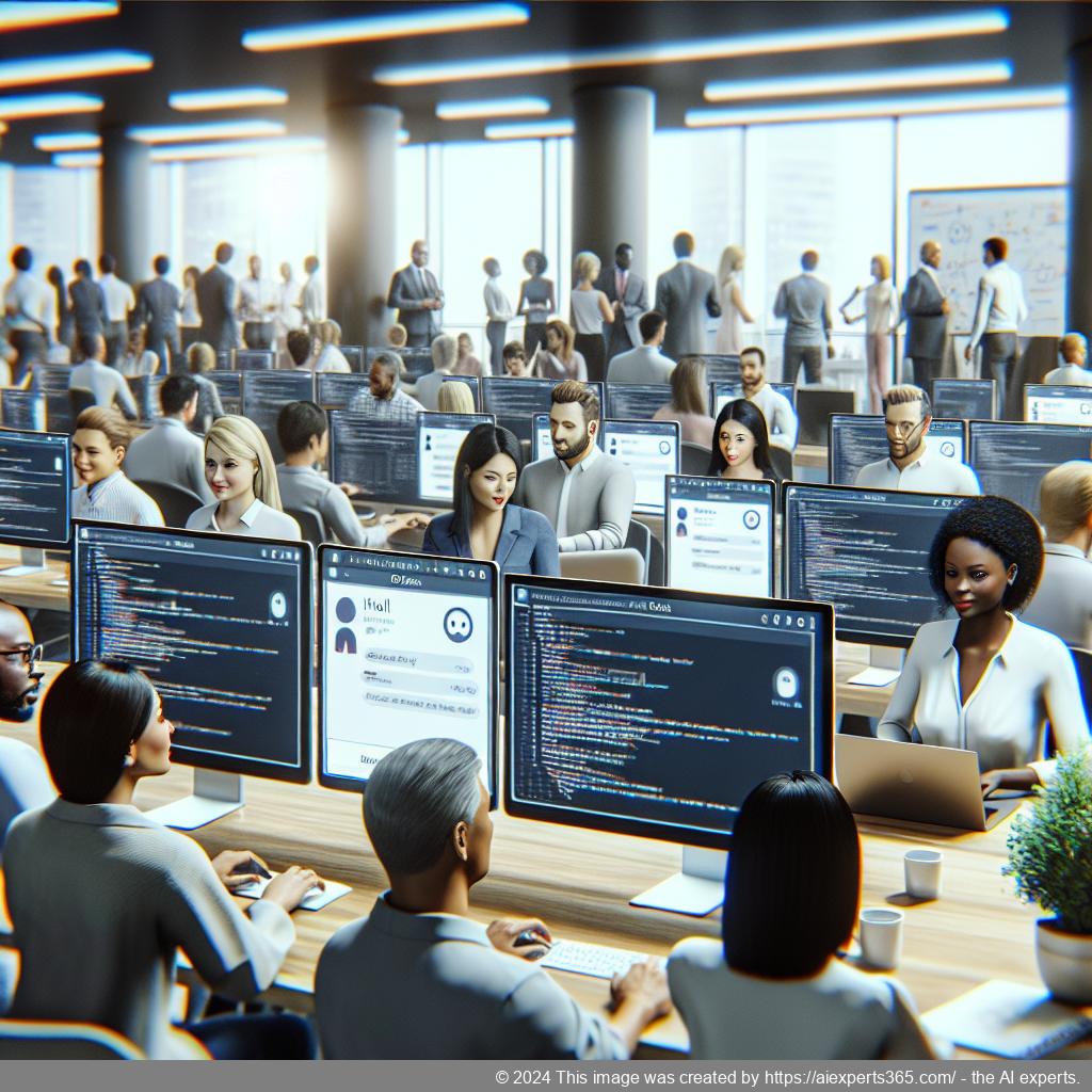 A visual representation of a modern business environment featuring a diverse team engaging with customers through an AI-driven WordPress chatbot plugin.