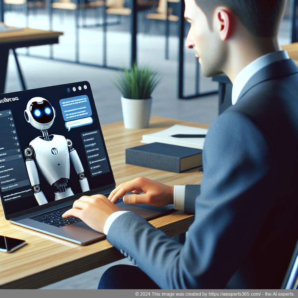 A professional setting showcasing a person interacting with a WordPress chatbot interface on a laptop screen, symbolizing enhanced customer engagement through technology.