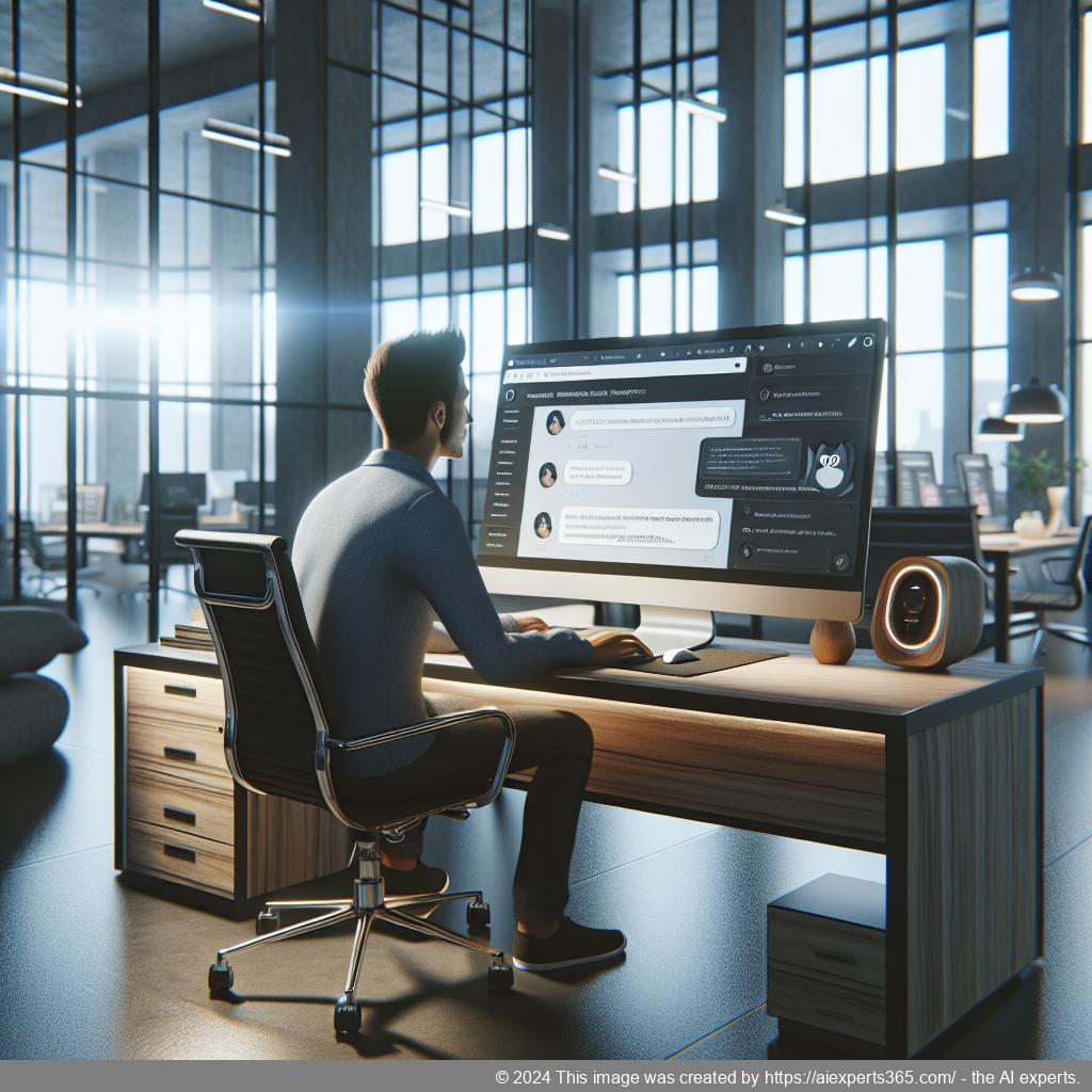 A professional setting showcasing a person interacting with a computer displaying a WordPress chatbot interface, symbolizing enhanced customer engagement through technology.