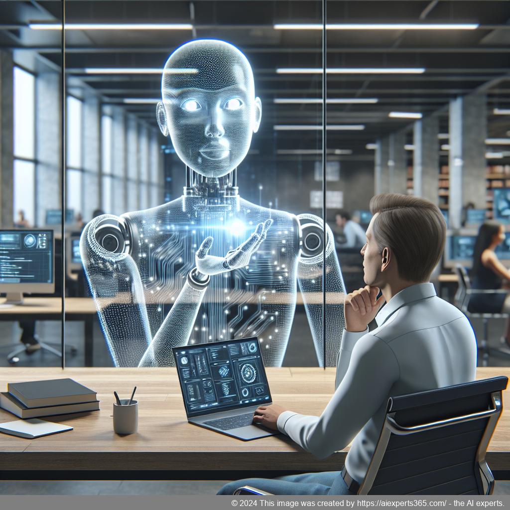 A professional setting showcasing a person interacting with an AI-powered chatbot on a laptop screen within a modern office environment.