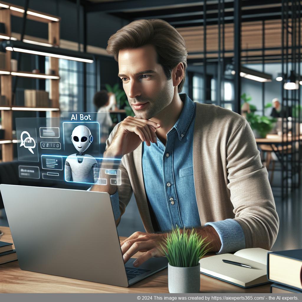 A professional-looking German man interacting with an AI-powered chatbot interface on his laptop while discussing integration strategies.