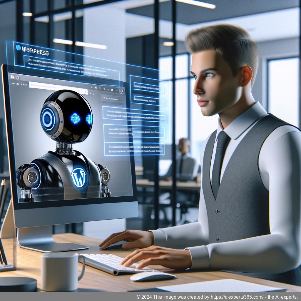 A professional setting showcasing an employee interacting with an AI-driven WordPress chatbot on a computer screen.