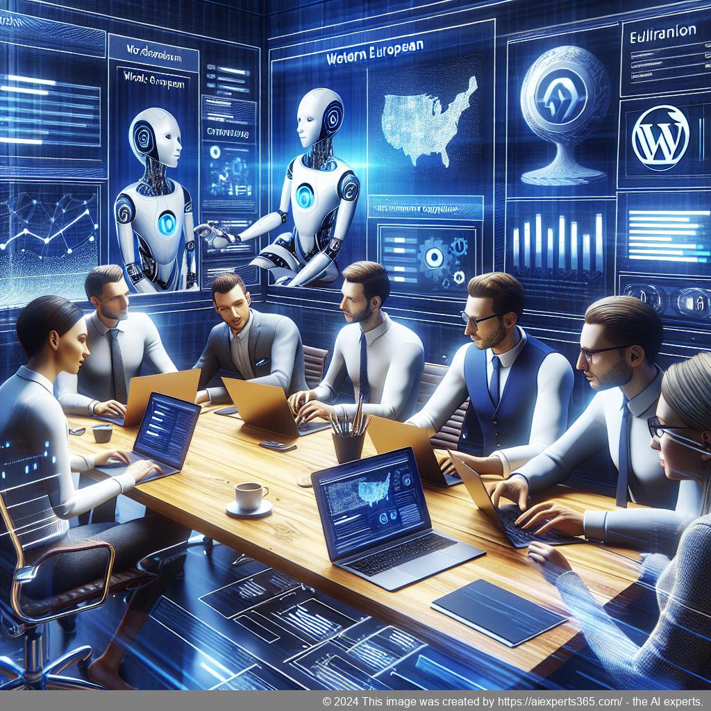 A professional setting showcasing a diverse team collaborating over laptops while discussing strategies for implementing a WordPress ChatGPT chatbot.