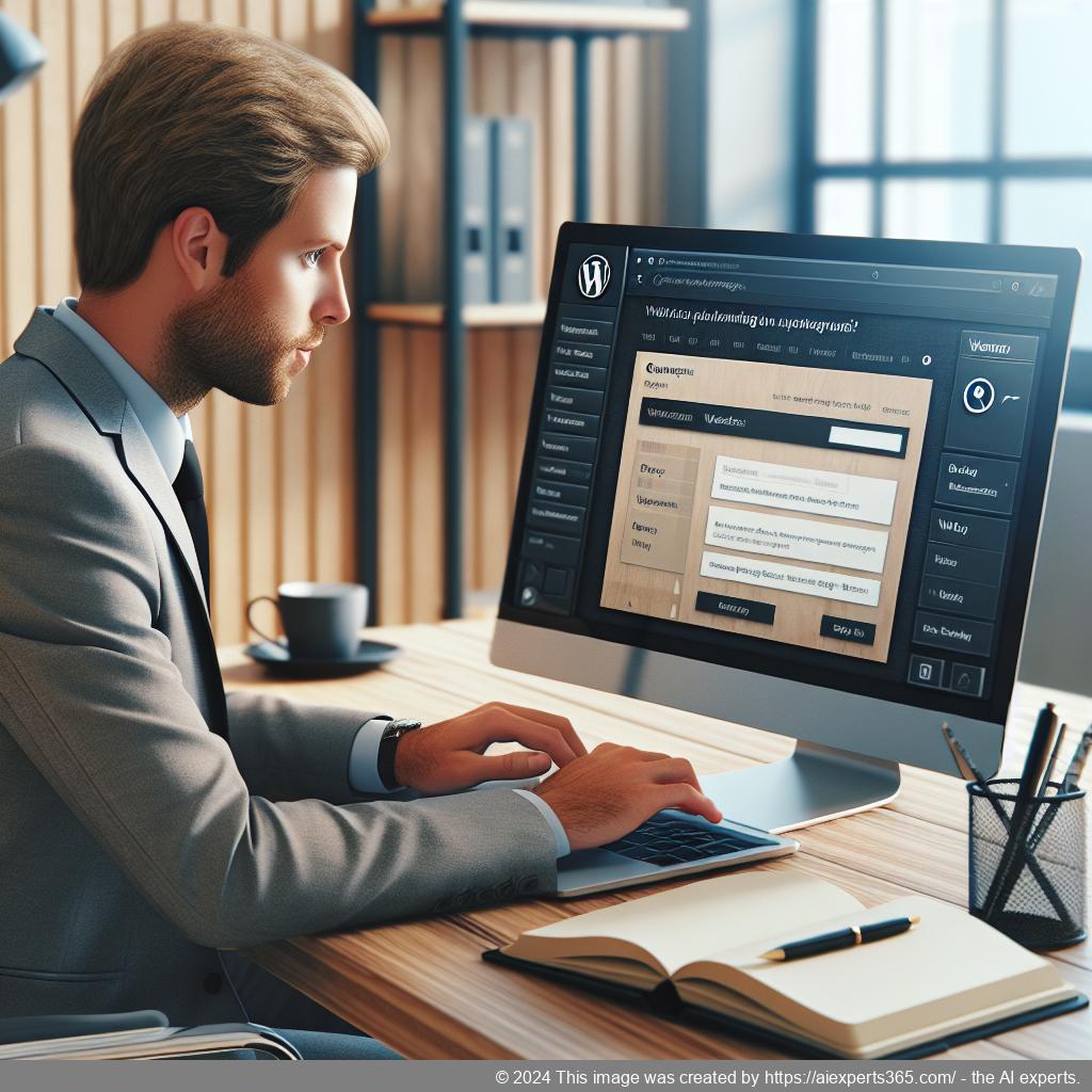 A professional looking German or Western European individual interacting with a laptop displaying a ChatGPT interface on a WordPress website.