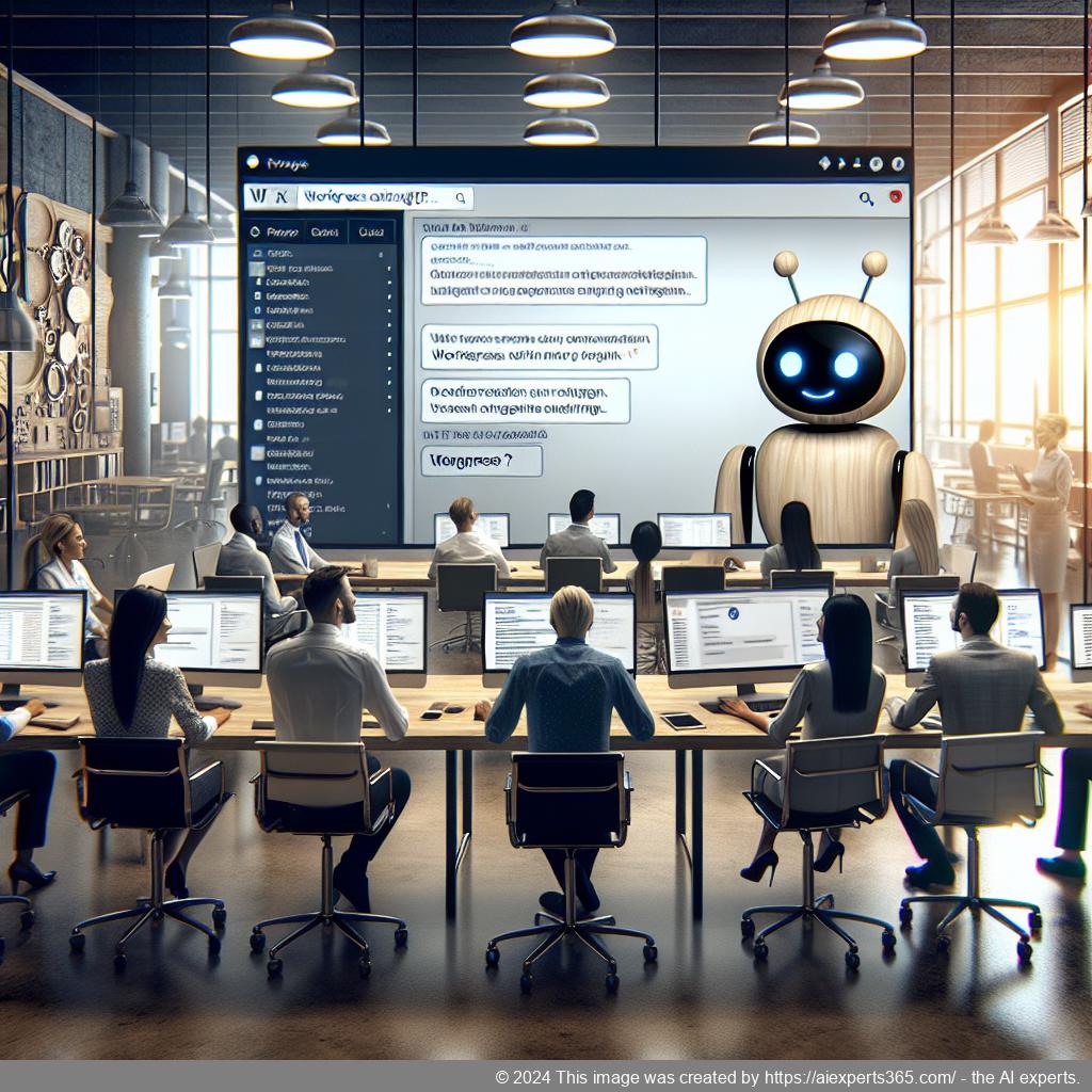 A professional setting showcasing a WordPress ChatGPT chatbot interface assisting users online.