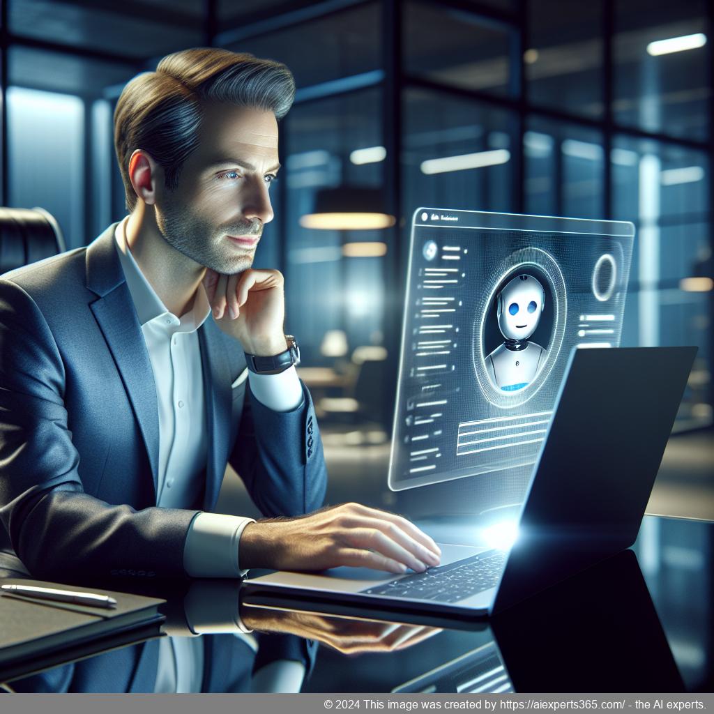 A professional-looking German business person interacting with an AI-powered WordPress ChatGPT chatbot interface on their laptop.