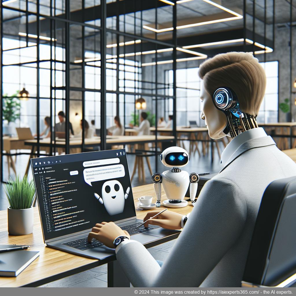 A professional setting showing a person interacting with a computer displaying a WordPress site featuring an AI chatbot interface.