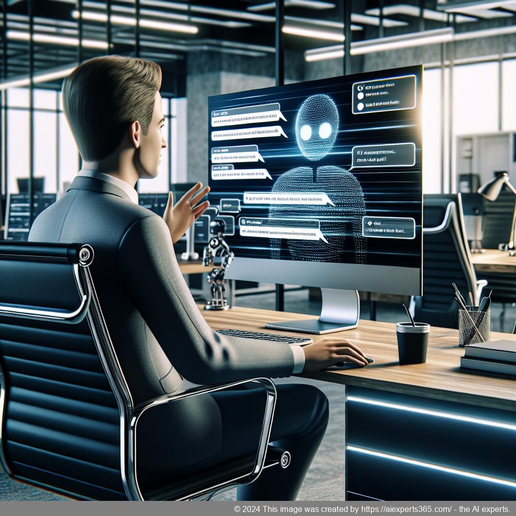 A visual representation of a business professional interacting with a chatbot interface on a computer screen showcasing the capabilities of the WordPress ChatGPT Chatbot Plugin.