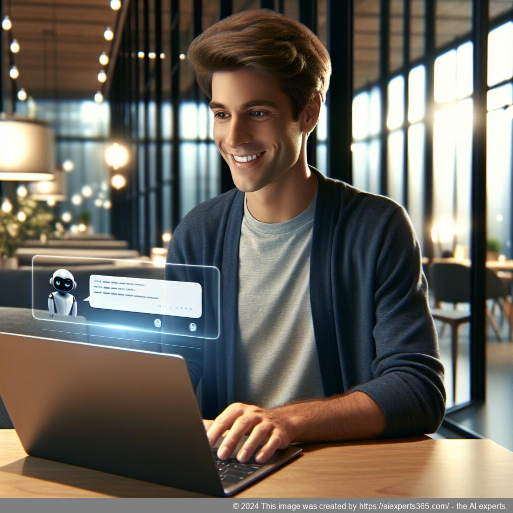 A professional setting showcasing a person interacting with an AI-powered chatbot on a laptop screen, symbolizing enhanced customer service through technology.