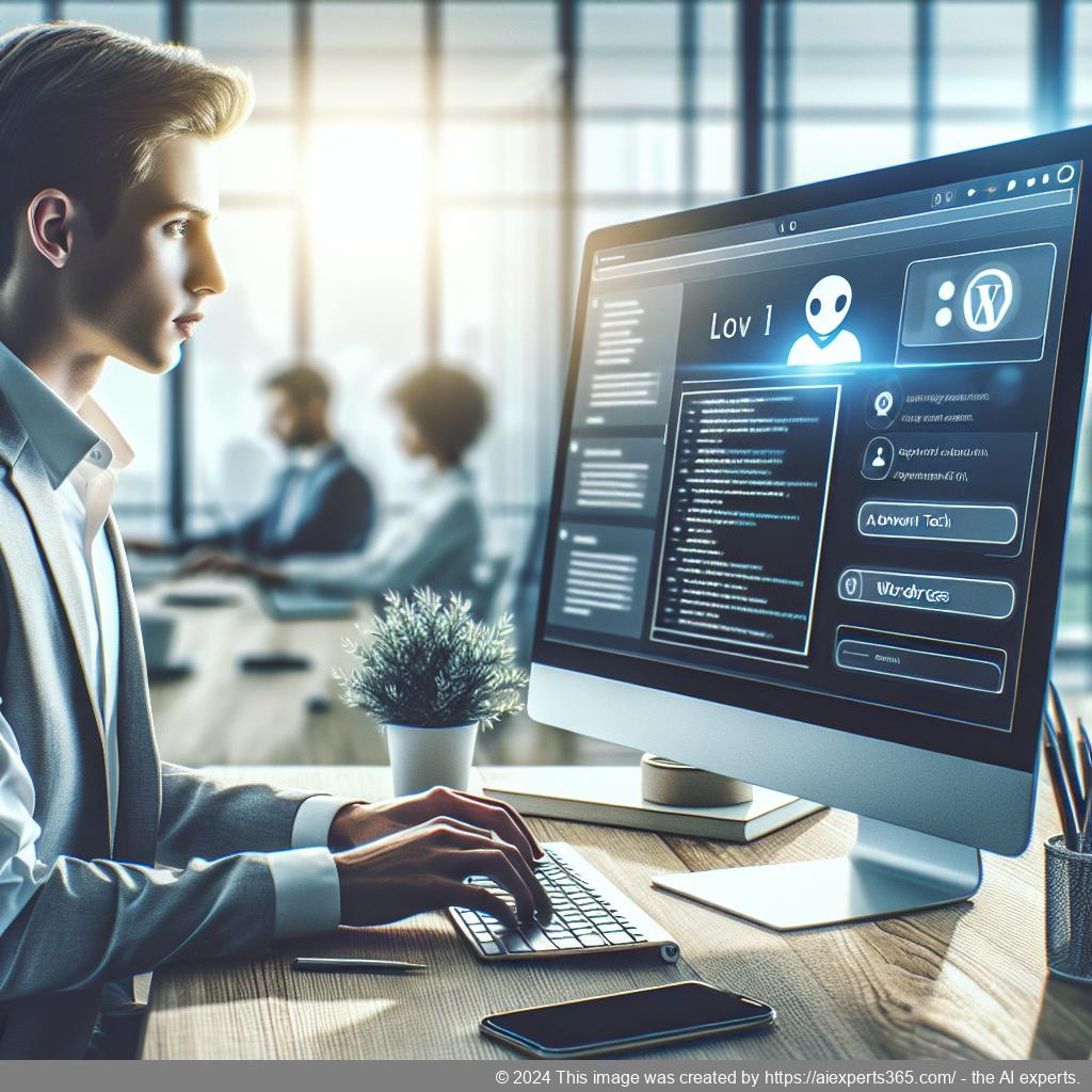 A professional setting showcasing a person interacting with a computer displaying a chatbot interface on a WordPress site.