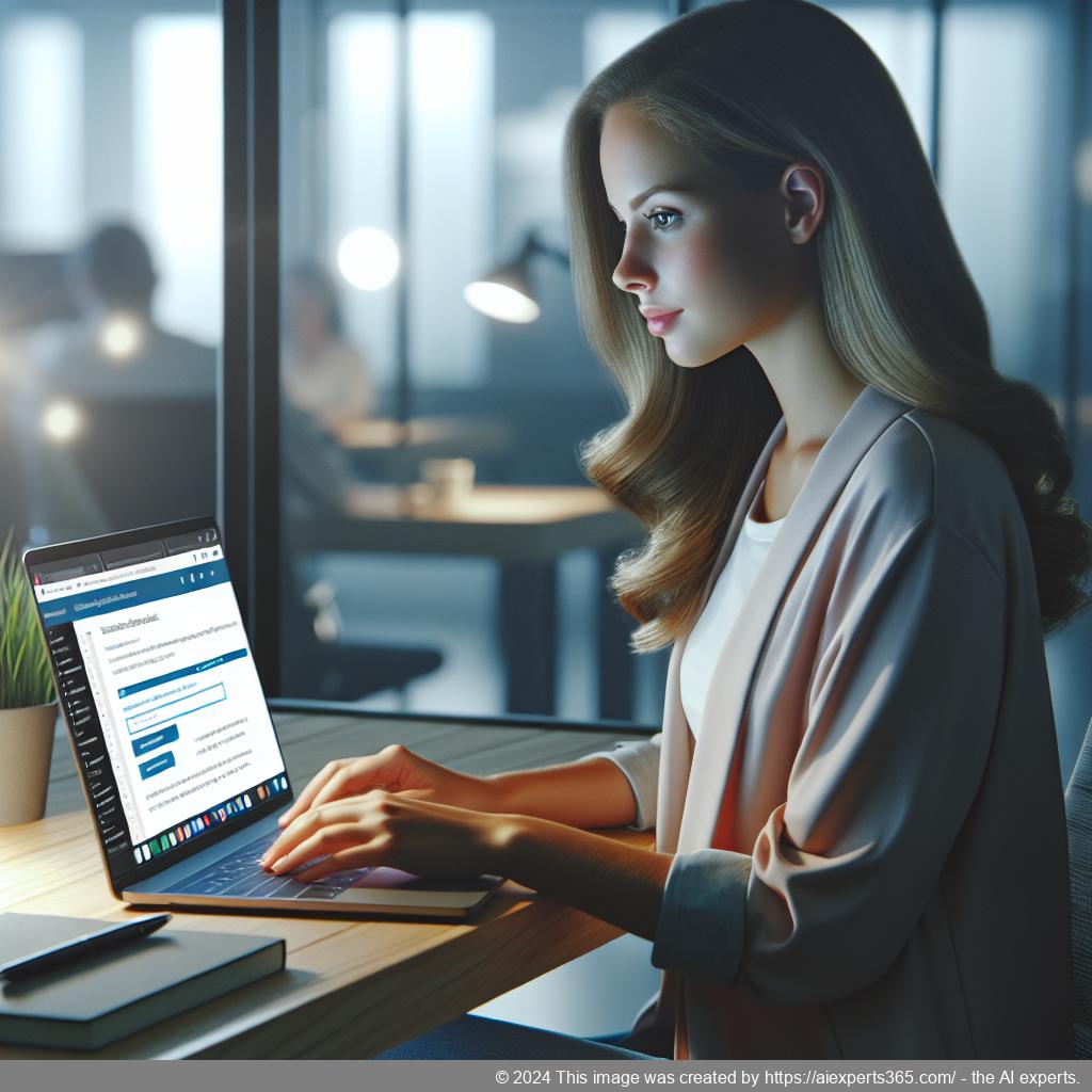 A professional looking at a computer screen displaying a chatbot interface on a WordPress website, symbolizing enhanced customer interaction through technology.
