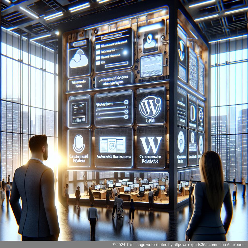 Illustration of an interactive WordPress chatbot interface showing features like FAQ automation and CRM integration