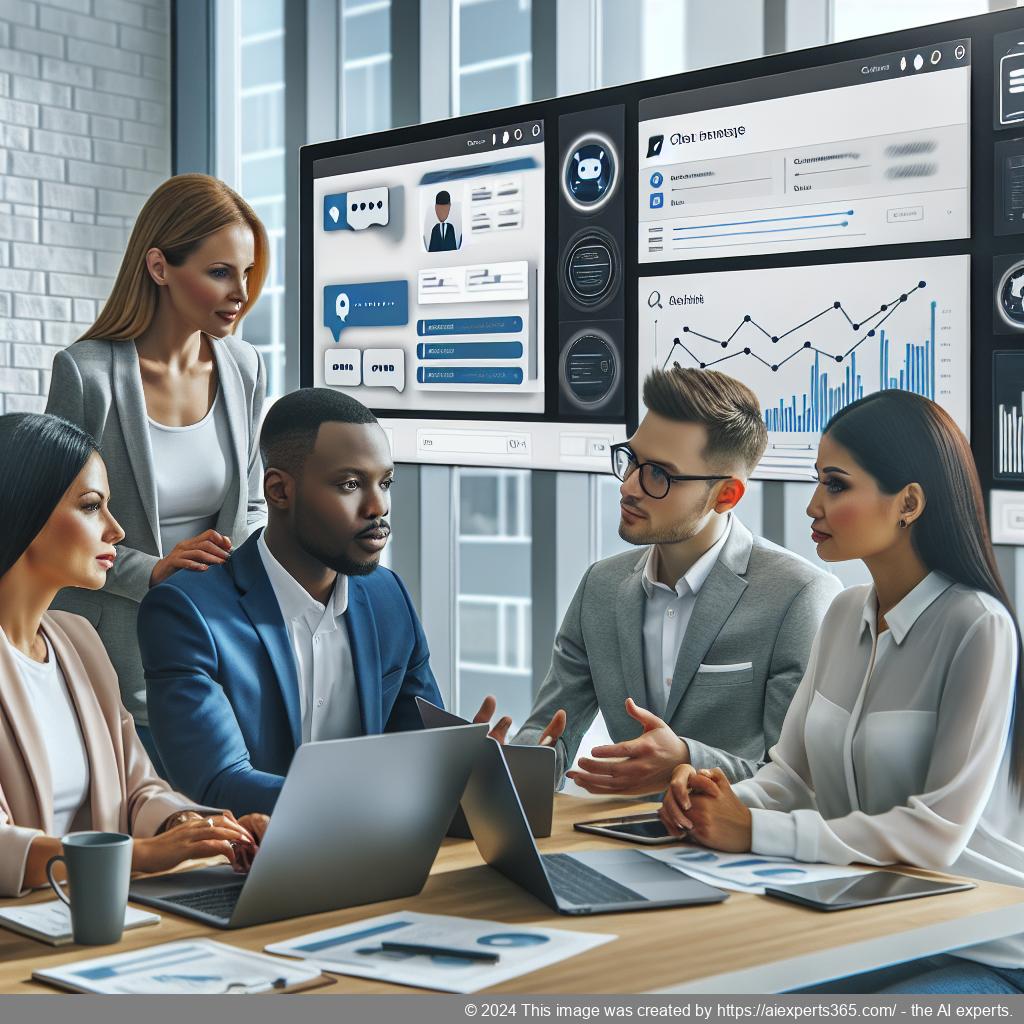 A professional setting showcasing a diverse team discussing strategies around implementing a WordPress chatbot for enhanced customer engagement.