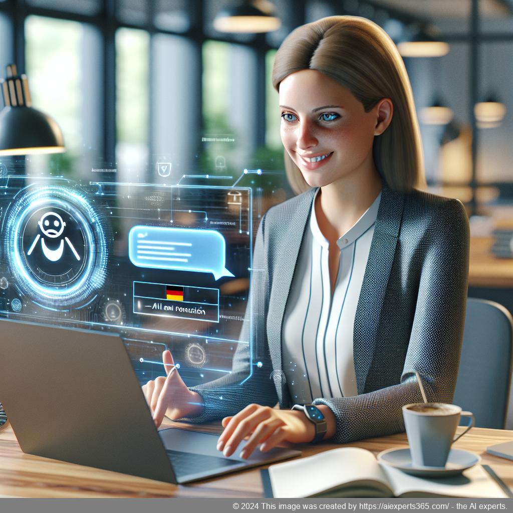 A digital representation of a friendly German-speaking female character interacting with users via a chatbot interface on a laptop screen.