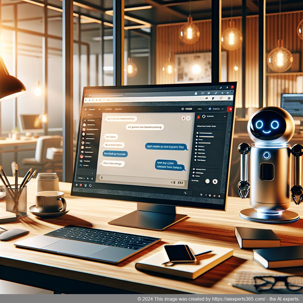 A modern workspace featuring a computer screen displaying a chat interface of the best WordPress chatbot designed for optimal user support.