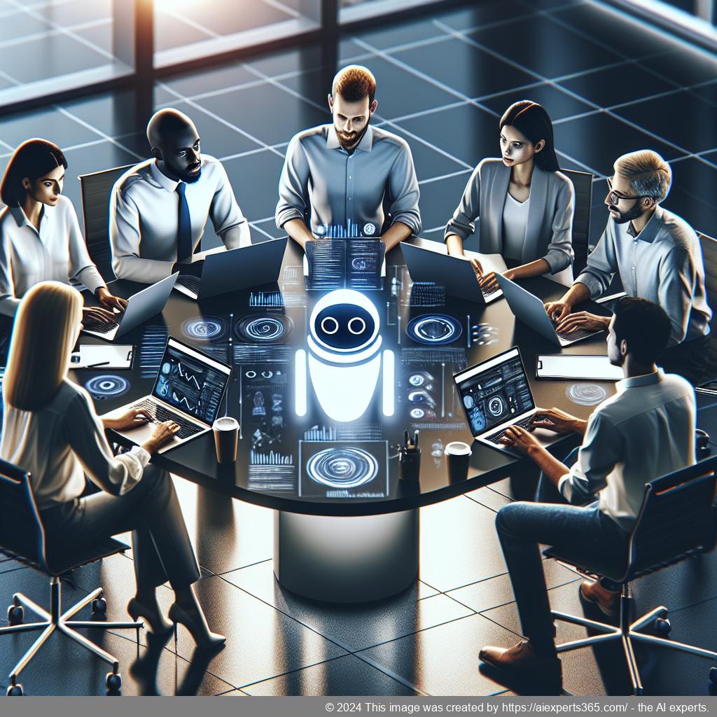 A professional setting showcasing a diverse team discussing strategies for implementing a WordPress chatbot in their business.