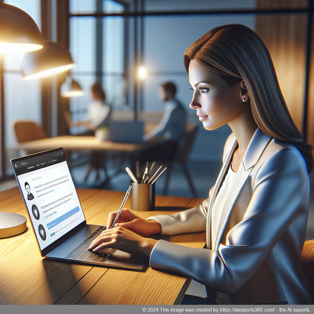 A professional-looking woman interacting with an AI-driven WordPress chatbot on her laptop, symbolizing enhanced customer engagement.