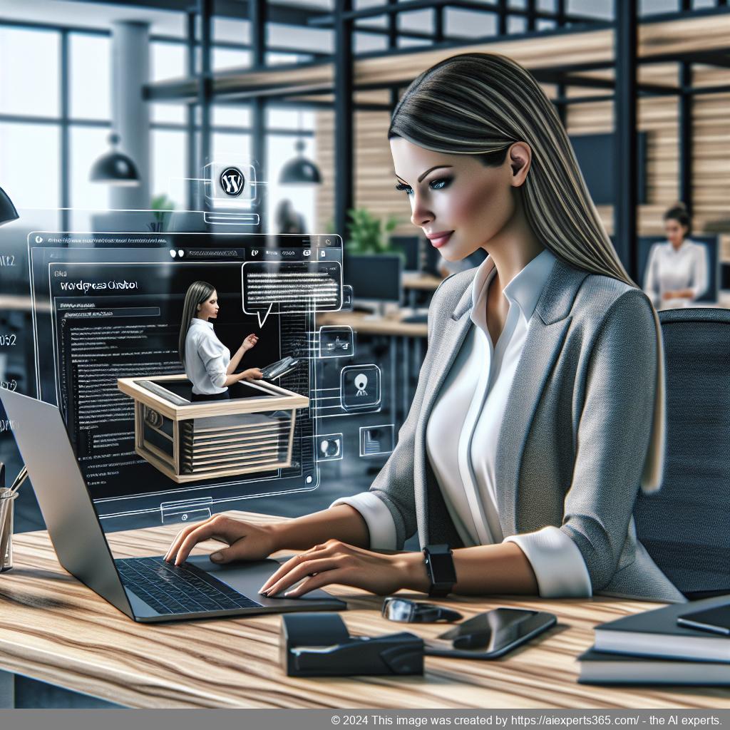 A professional-looking woman interacting with a laptop displaying a chat interface representing the best WordPress chatbot.