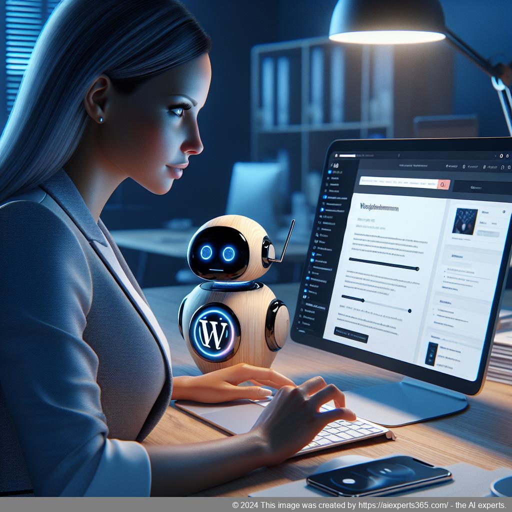 A professional setting showcasing a person interacting with a laptop displaying a WordPress website integrated with an AI-powered chatbot.