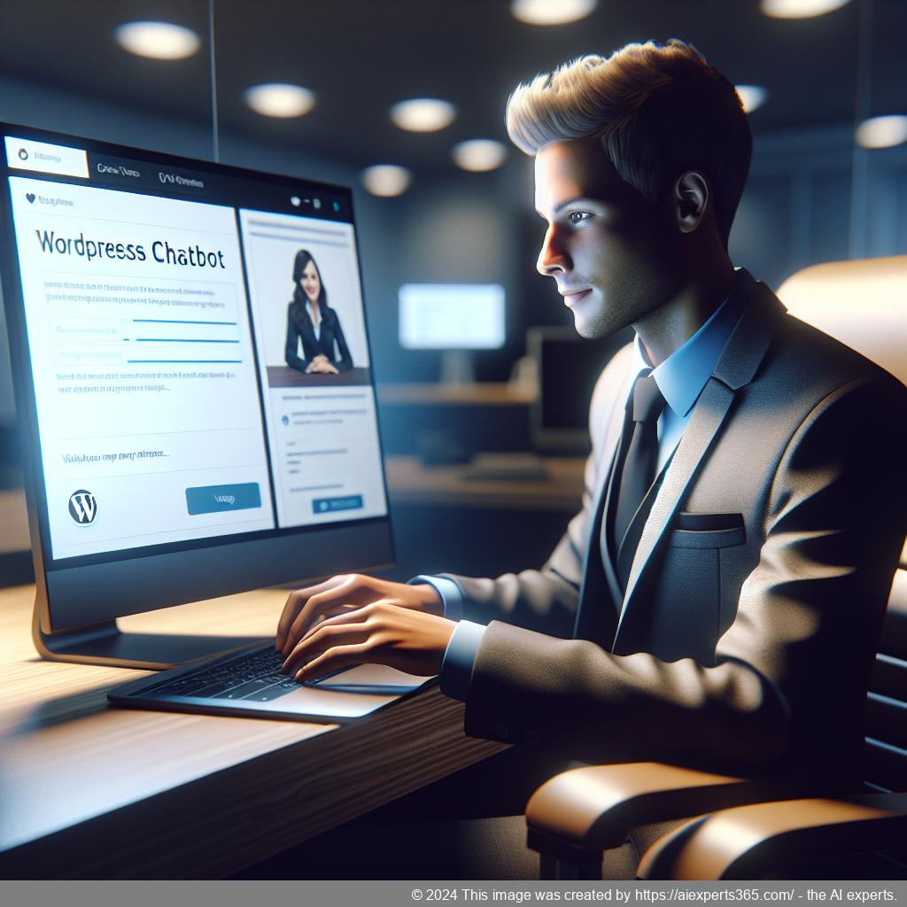 A professional setting showcasing a person interacting with a WordPress chatbot on a laptop screen, emphasizing enhanced customer satisfaction.