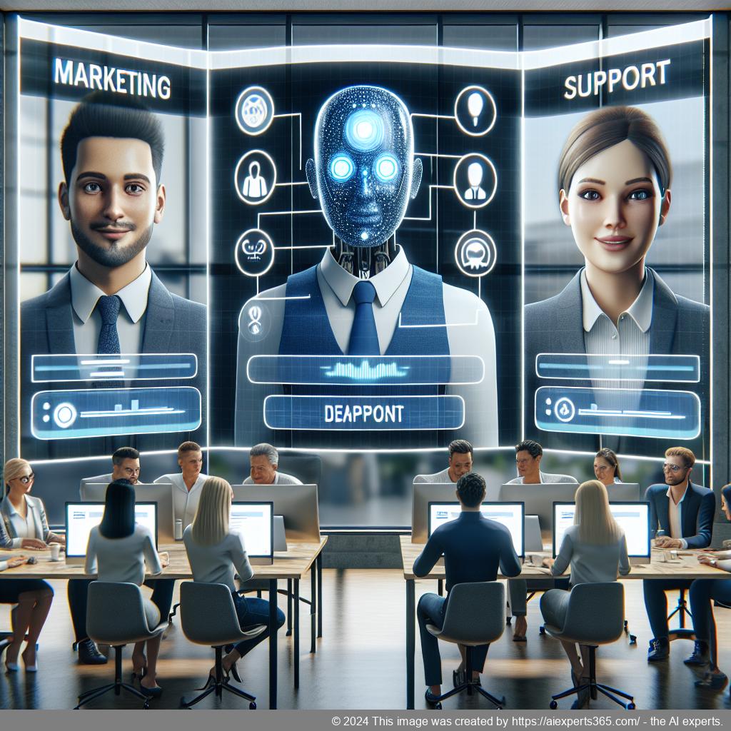 Illustration showing a multi-department chatbot seamlessly connecting marketing, sales, and support teams