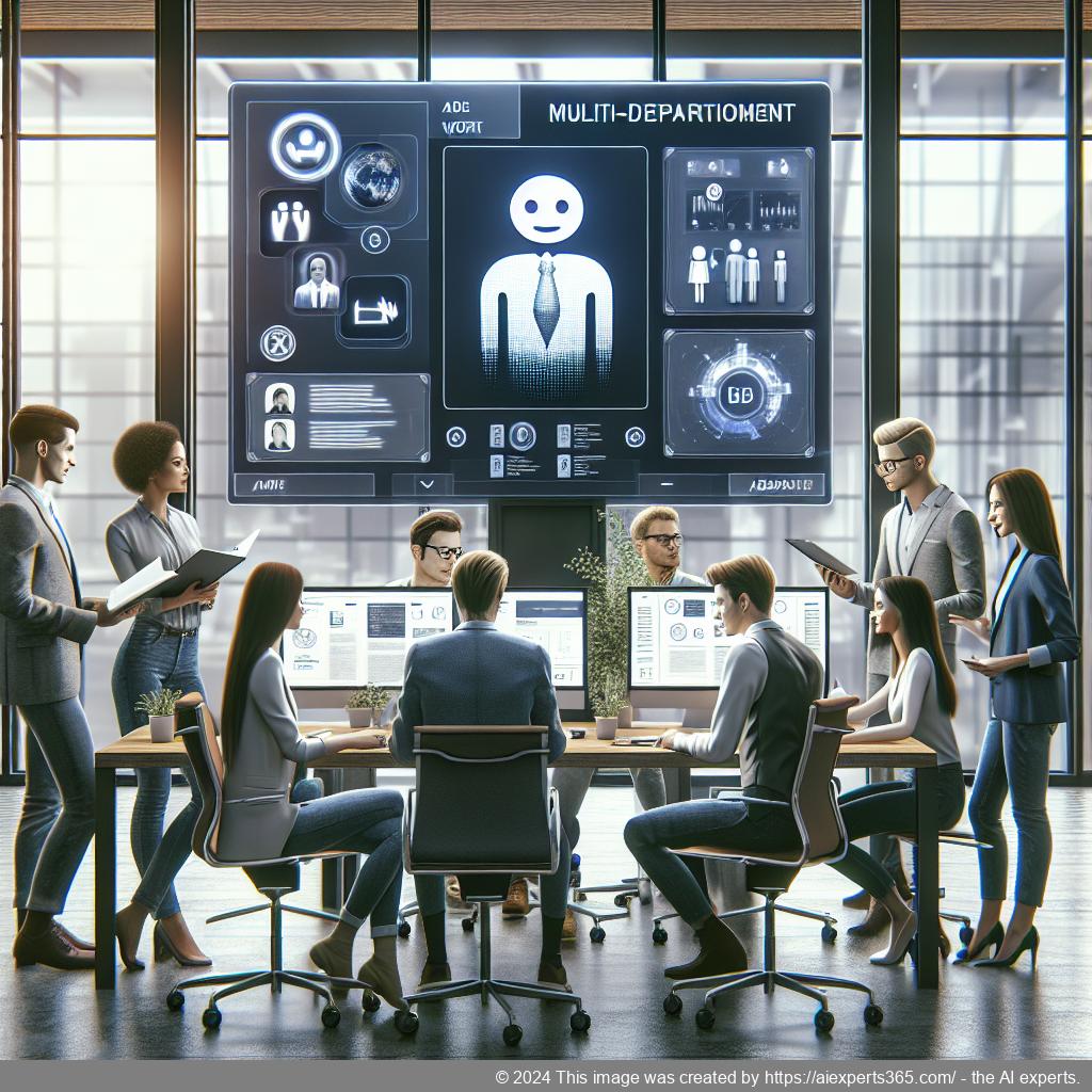 A professional setting showcasing a diverse team collaborating on customizing a multi-department chatbot interface.
