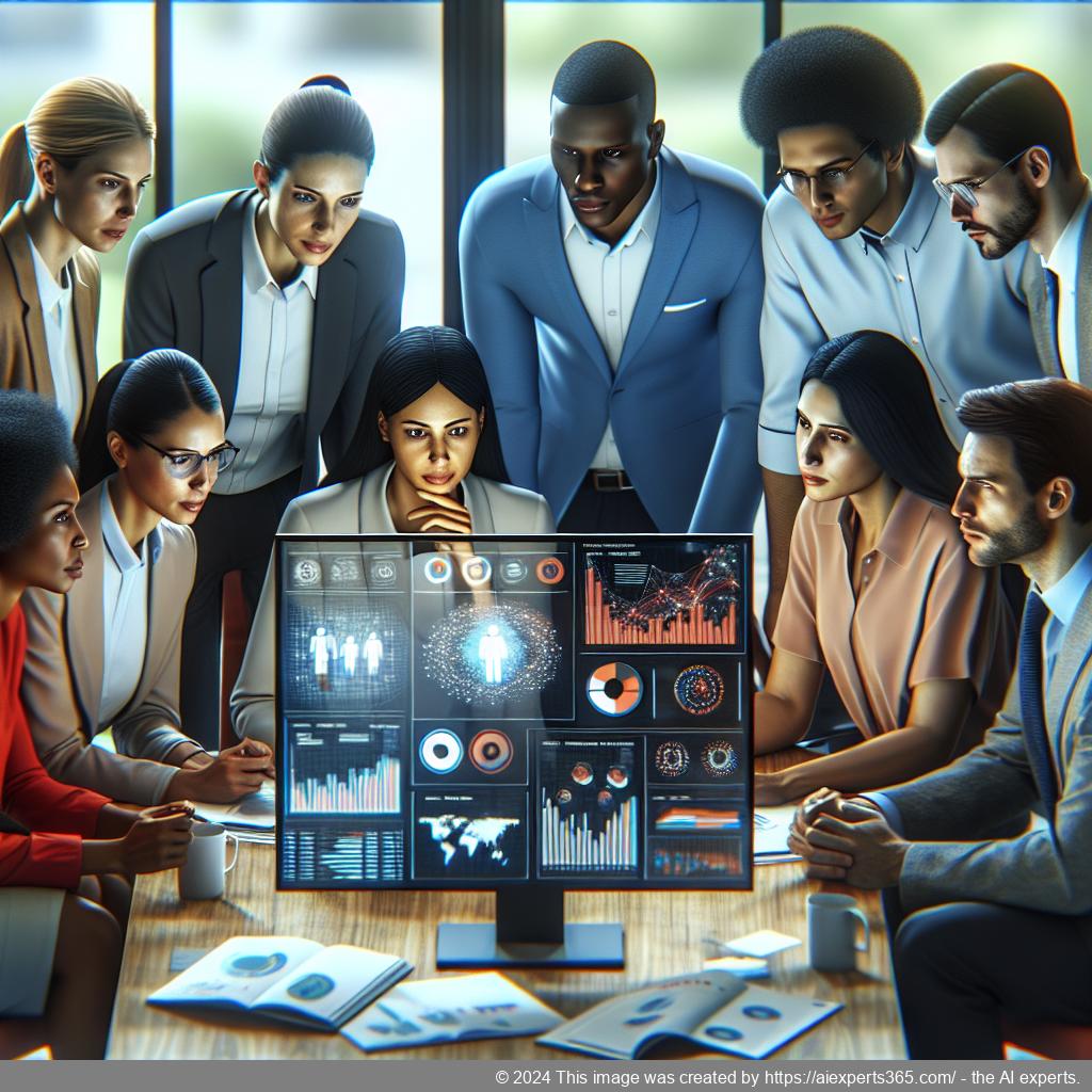 A professional team discussing strategies around a computer screen displaying analytics related to a multi-department chatbot.