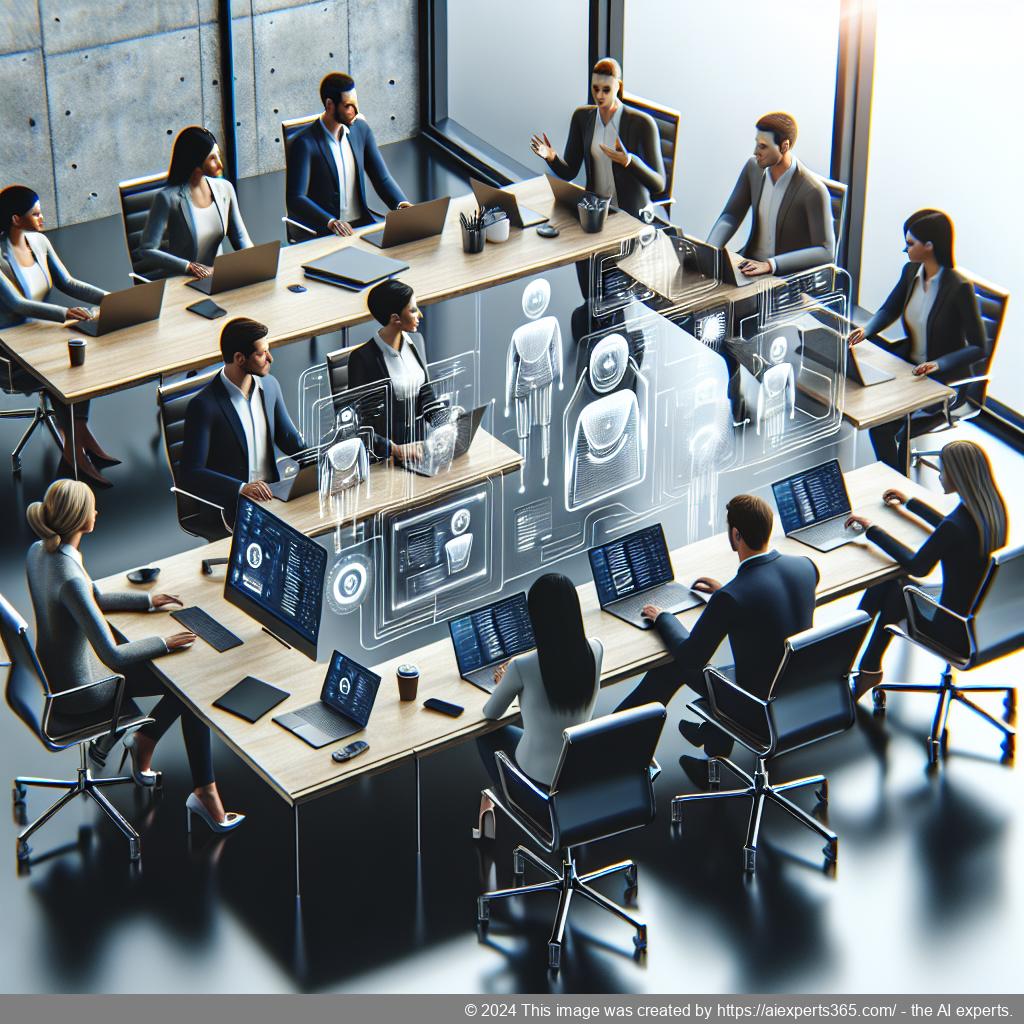 A professional setting showcasing a diverse team collaborating over technology solutions related to multi-department chatbots.