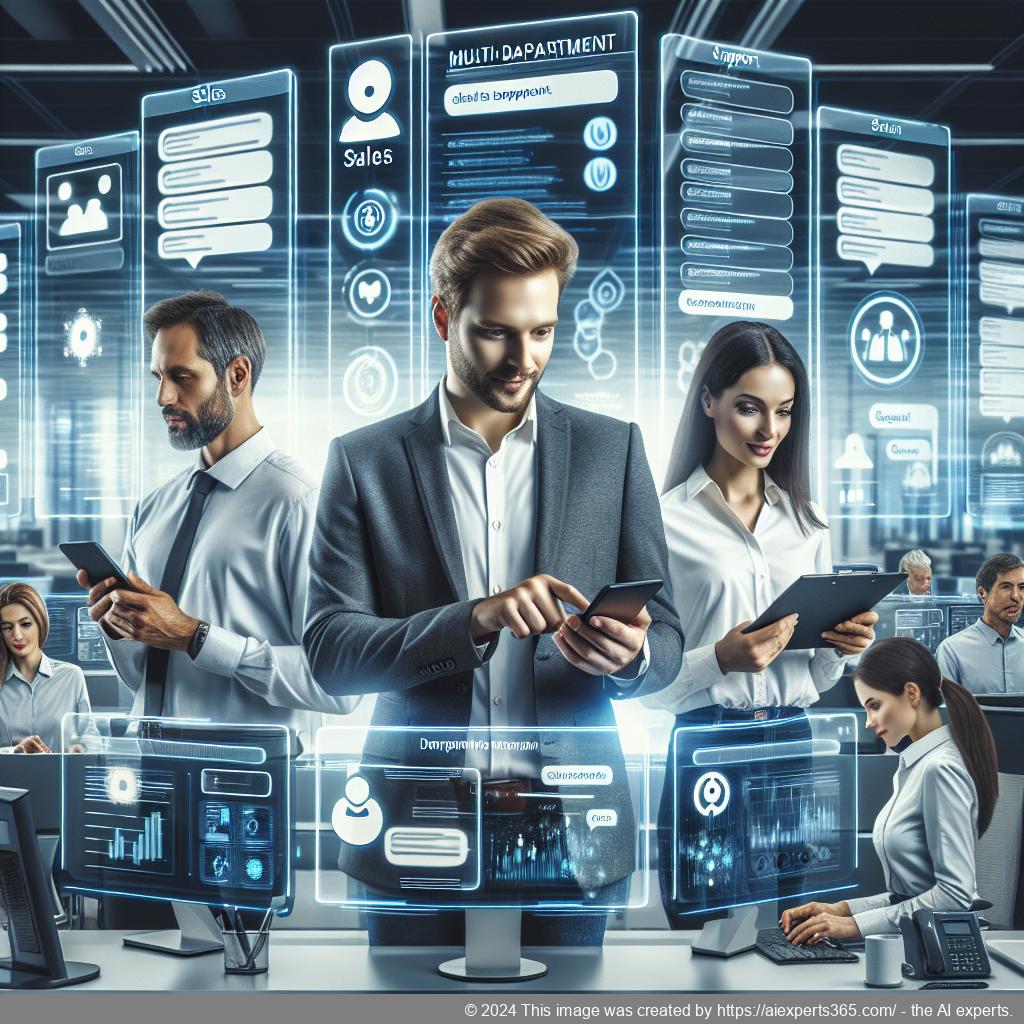 A visual representation of a multi-department chatbot enhancing customer service across various business sectors.