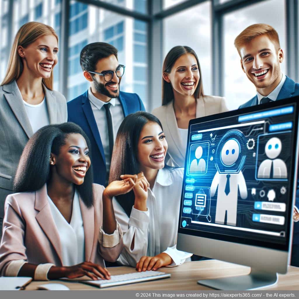 A professional team discussing strategies around a computer screen displaying a multi-department chatbot interface.