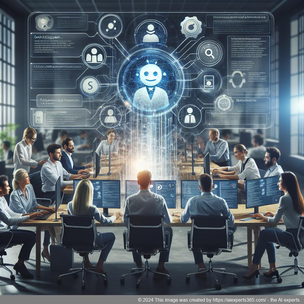 A professional team discussing strategies around a computer displaying a multi-department chatbot interface.