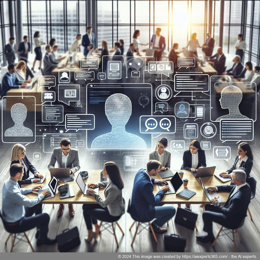 A visual representation showcasing a diverse team collaborating with a multi-department chatbot interface on their screens, symbolizing enhanced communication and efficiency in modern business strategies.