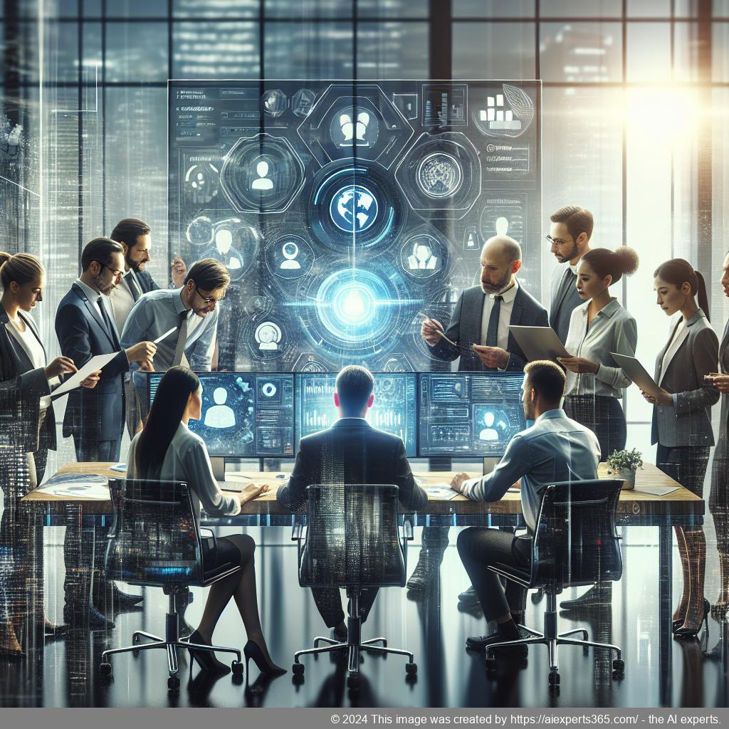 A diverse team collaborating around a computer screen showcasing a multi-department chatbot interface designed for enhanced customer engagement.