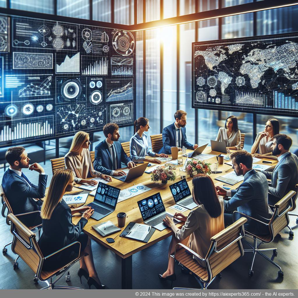 A professional team discussing strategies around a computer screen displaying analytics related to multi-department chatbots impacting business efficiency.