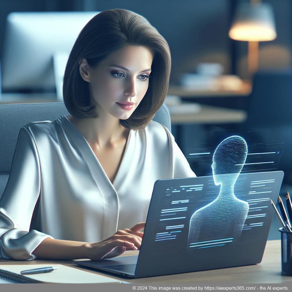 A professional-looking woman interacting with an AI chatbot on her laptop, symbolizing enhanced customer engagement through a WordPress chat plugin.