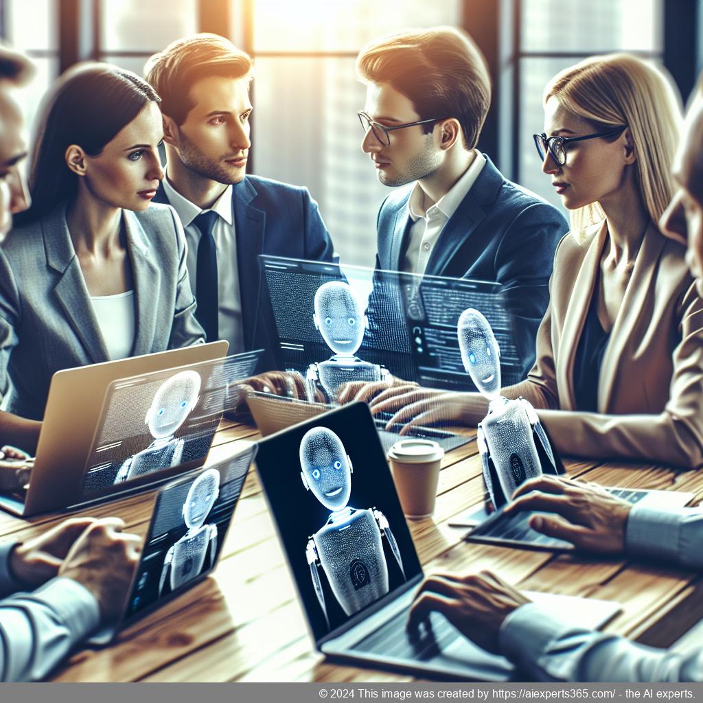 A professional setting showcasing a diverse team using an advanced WordPress AI chatbot on their laptops.