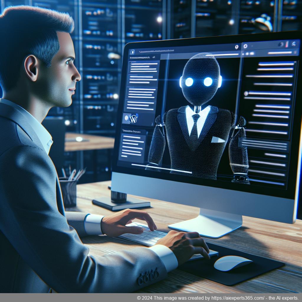 A person interacting with a computer displaying an AI-driven chatbot interface on a WordPress website.