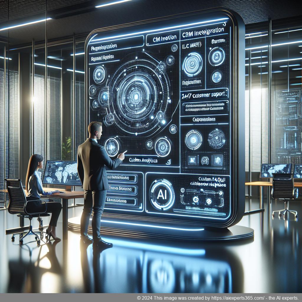 Illustration of an advanced WordPress AI Chatbot interface showing various features like CRM integration and real-time analytics