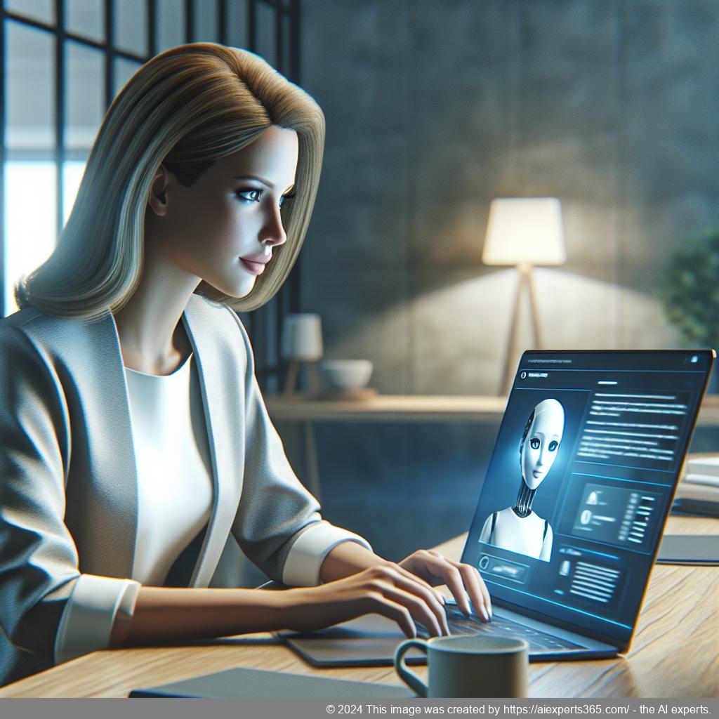 A professional-looking woman interacting with an advanced AI chatbot interface on a laptop screen showcasing enhanced digital interaction.