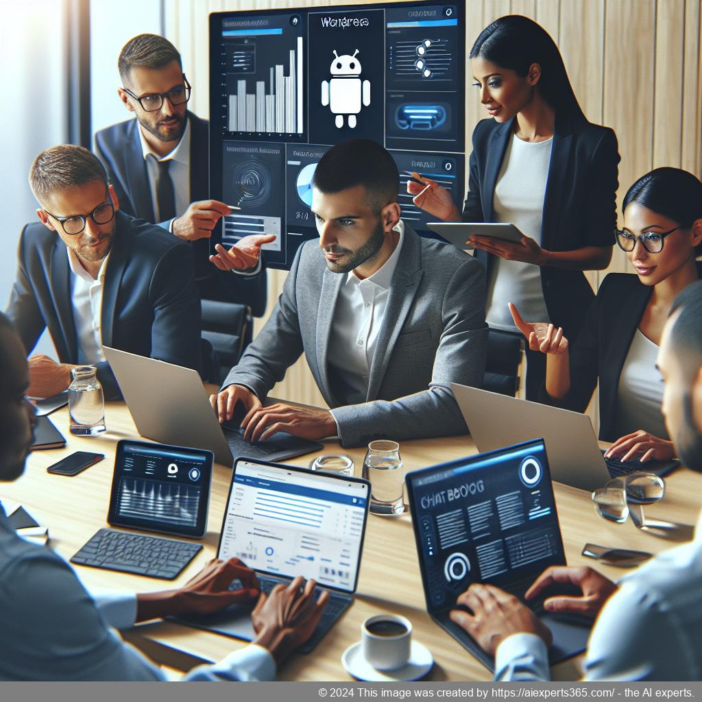 A professional setting showcasing a diverse team discussing strategies for implementing a WordPress chatbot plugin.