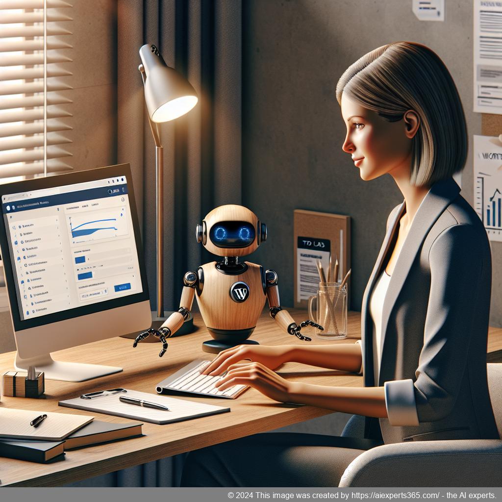 A professional-looking woman interacting with an AI-driven WordPress chatbot on her laptop while discussing online customer service solutions.