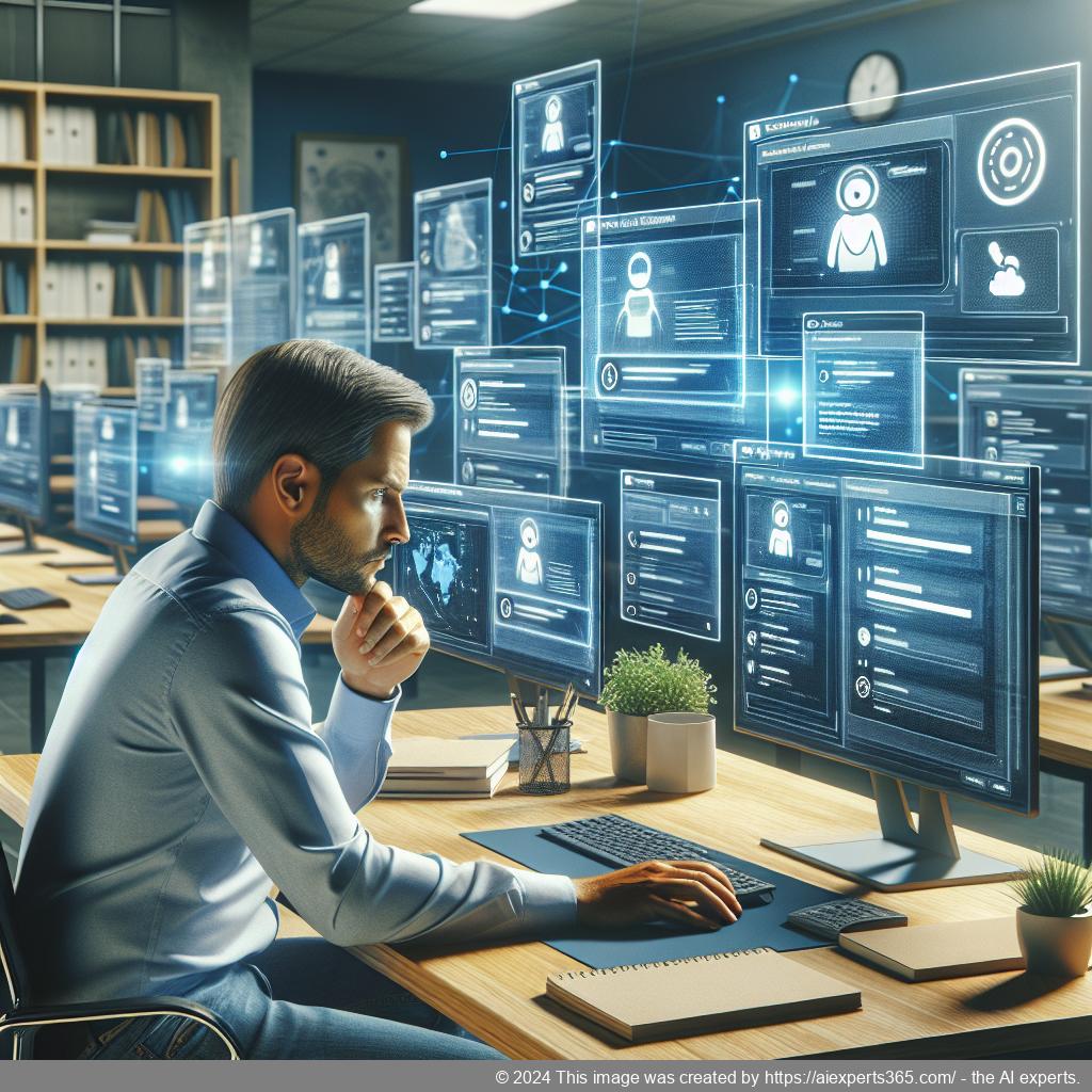 A professional showcasing integration of a WordPress chatbot plugin on a laptop screen in an office environment.
