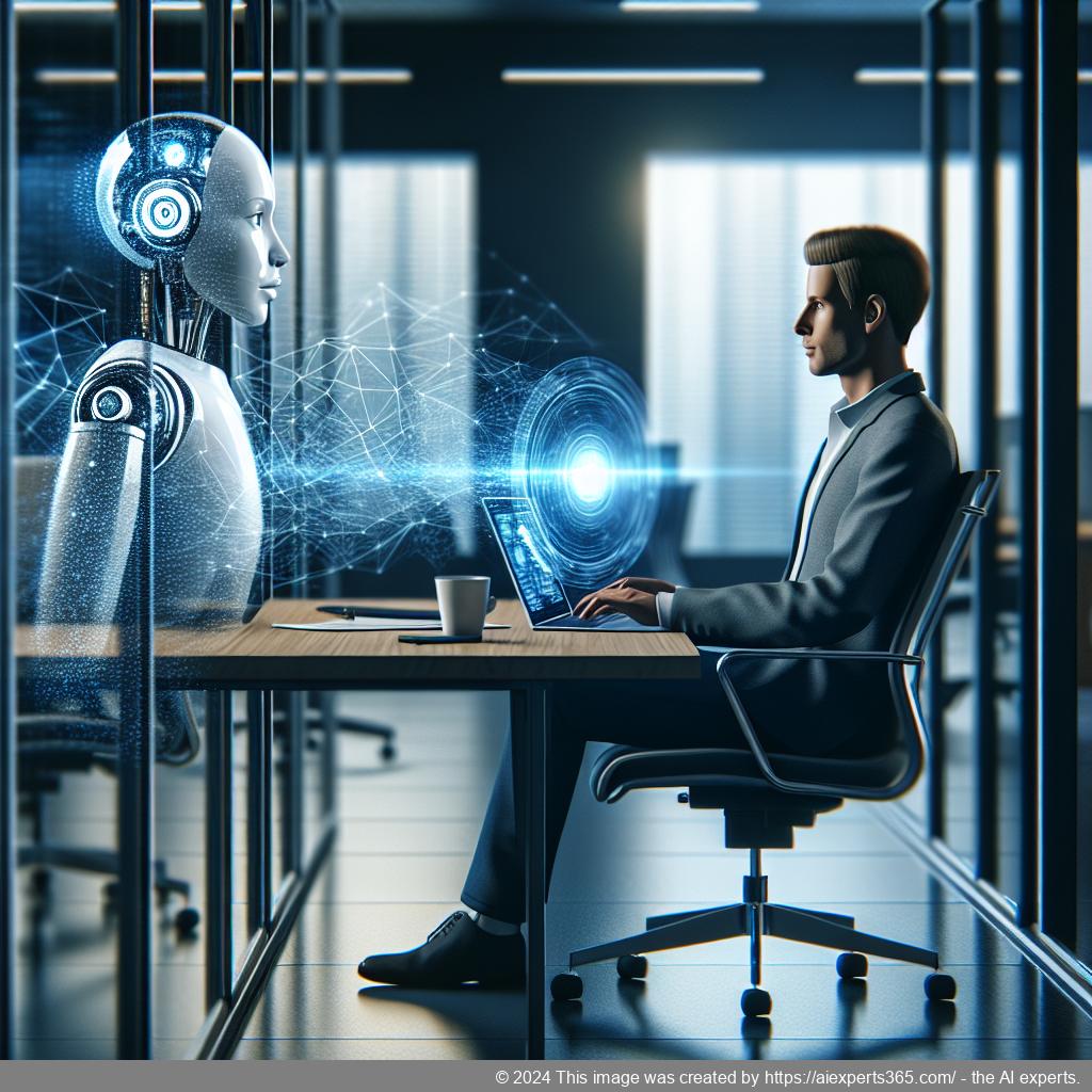 A professional setting showcasing a person interacting with an AI-powered chatbot on a laptop screen within a modern office environment.