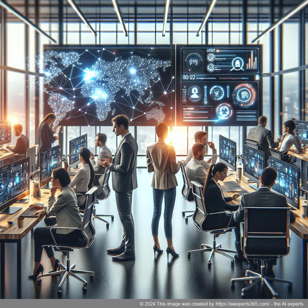 A professional setting showcasing a diverse team collaborating over technology solutions including chatbots for enhanced customer engagement.