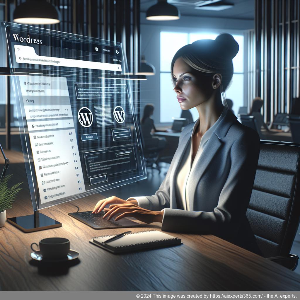 A professional setting showcasing a person interacting with a WordPress chatbot plugin on a laptop screen, symbolizing enhanced customer support.