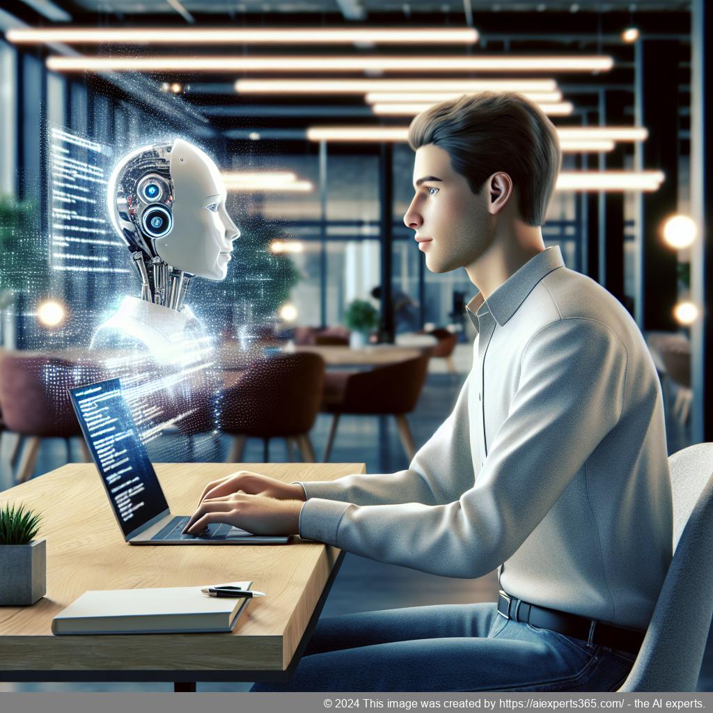 A professional setting showcasing a person interacting with an AI-powered WordPress chatbot on their laptop, symbolizing modern customer service solutions.