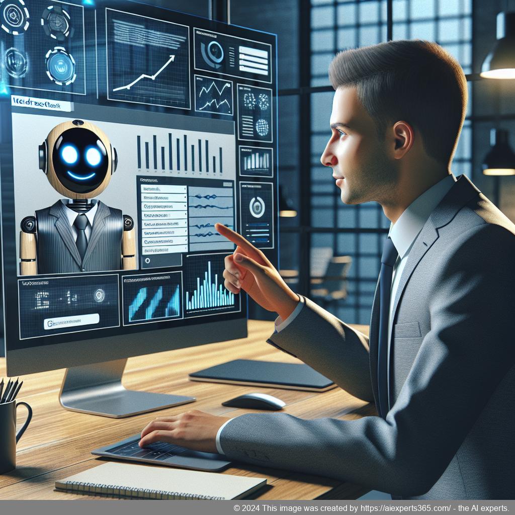 A professional setting showcasing a team member interacting with an advanced WordPress chatbot plugin on their computer screen.