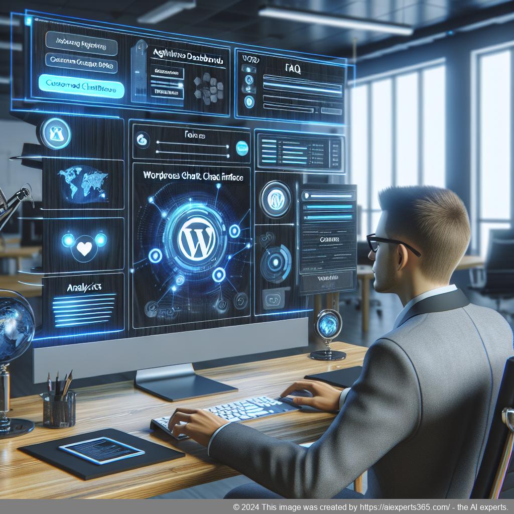 A visually engaging representation of a customized WordPress chatbot interface showcasing various features like FAQs and CRM integration.