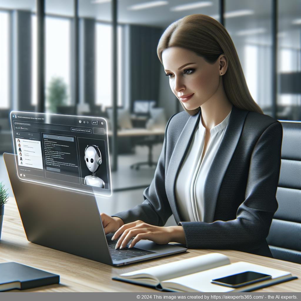 A professional-looking German business owner interacting with an AI-driven chatbot on their WordPress website, showcasing enhanced user experience.