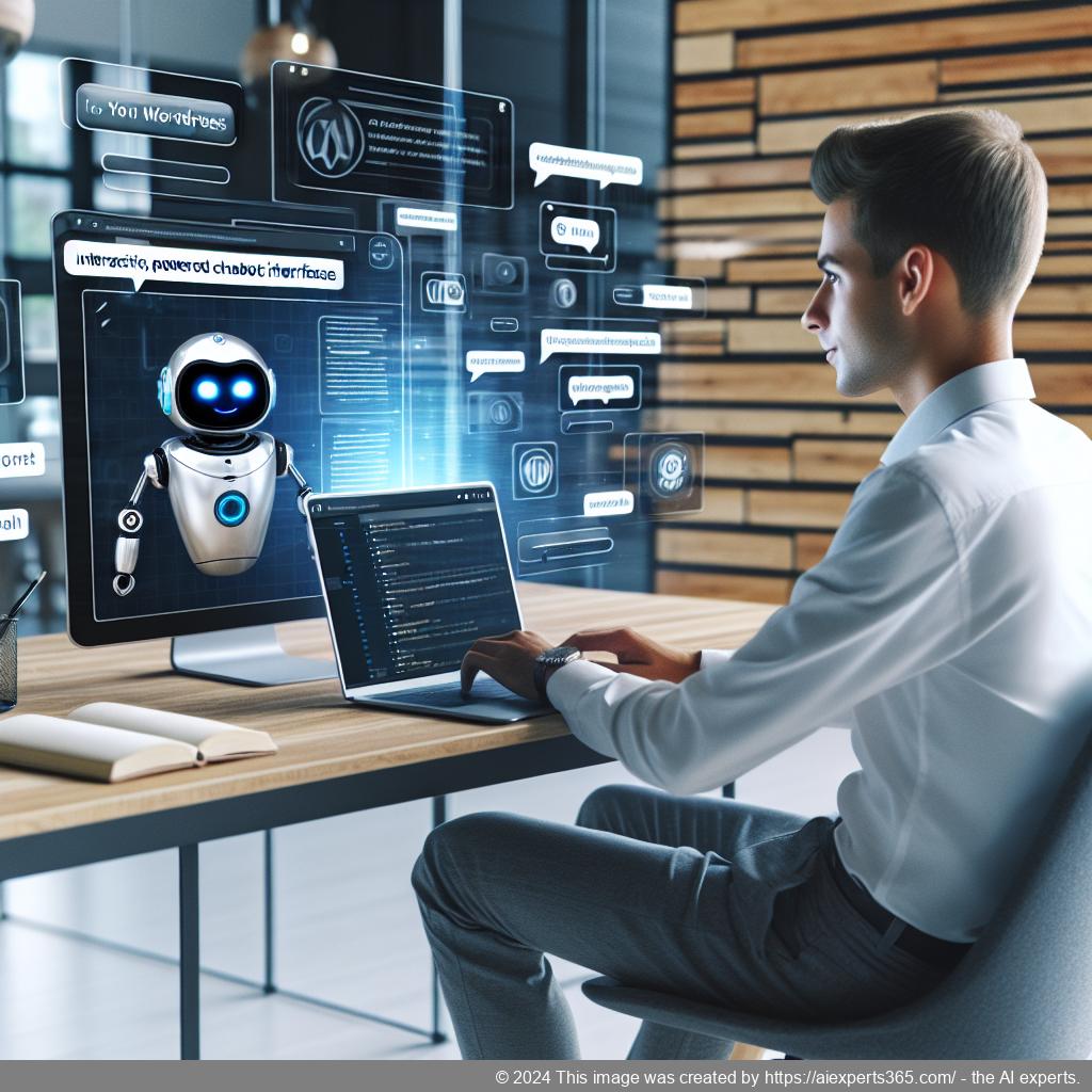 A person interacting with a laptop displaying a friendly AI-powered chatbot interface designed for WordPress websites.